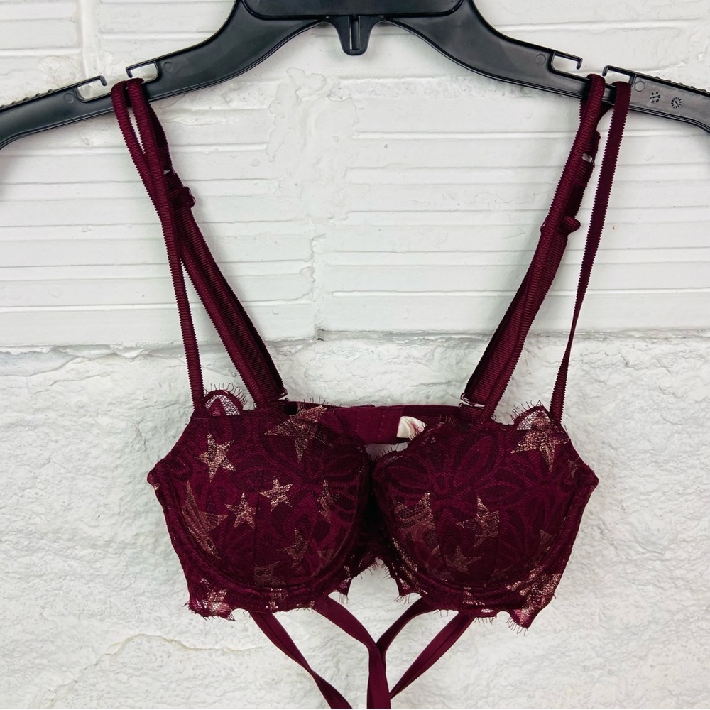 VICTORIAS SECRET PINK Burgundy gold star date night push up sexy bra size 34A - Picture 7 of 12